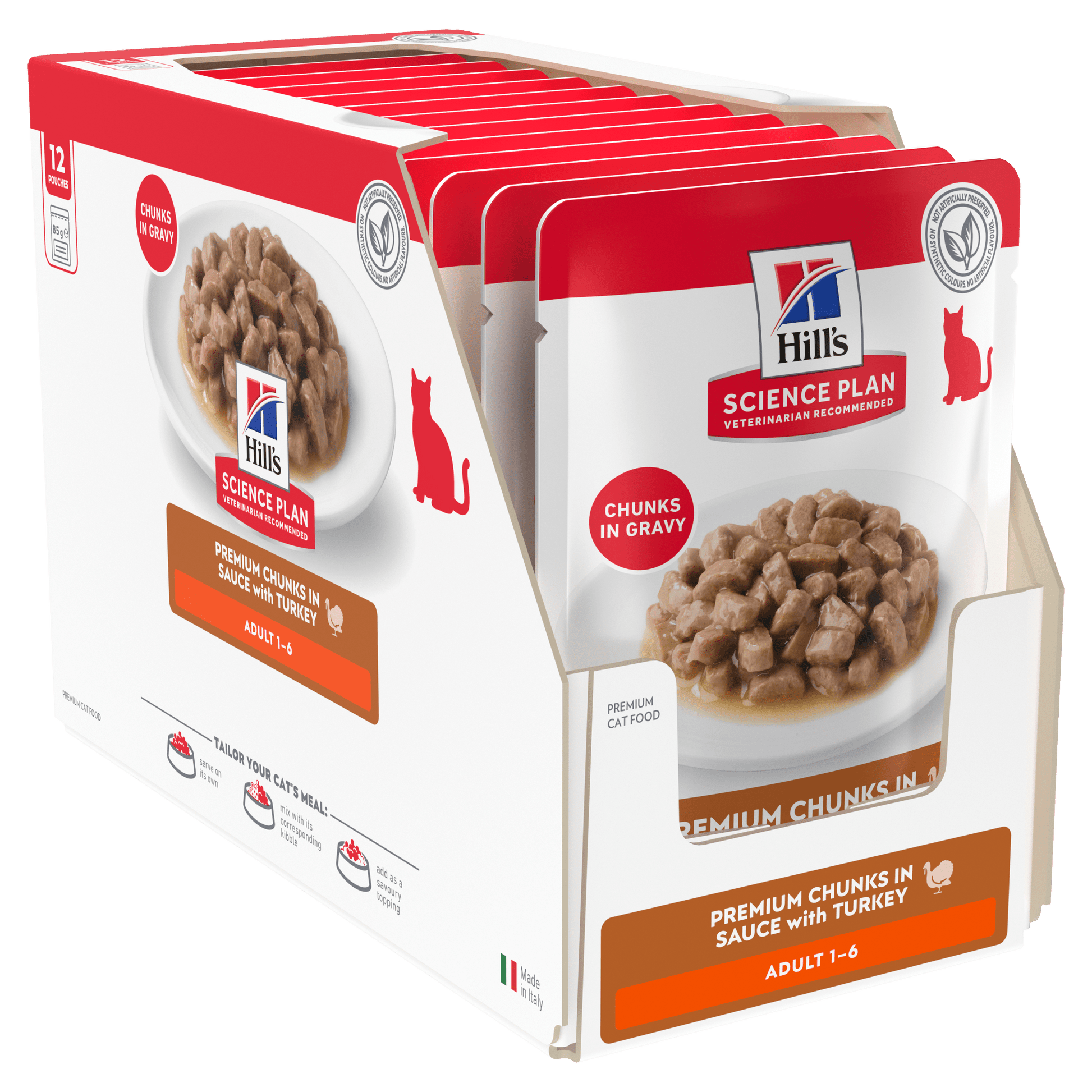 Hill's Science Plan adult cat food pouches box, chunks in gravy, turkey and ocean fish