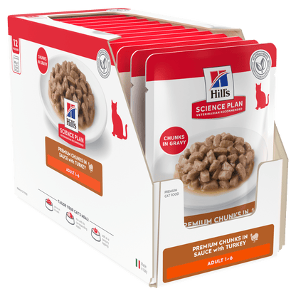 Hill's Science Plan adult cat food pouches box, chunks in gravy, turkey and ocean fish