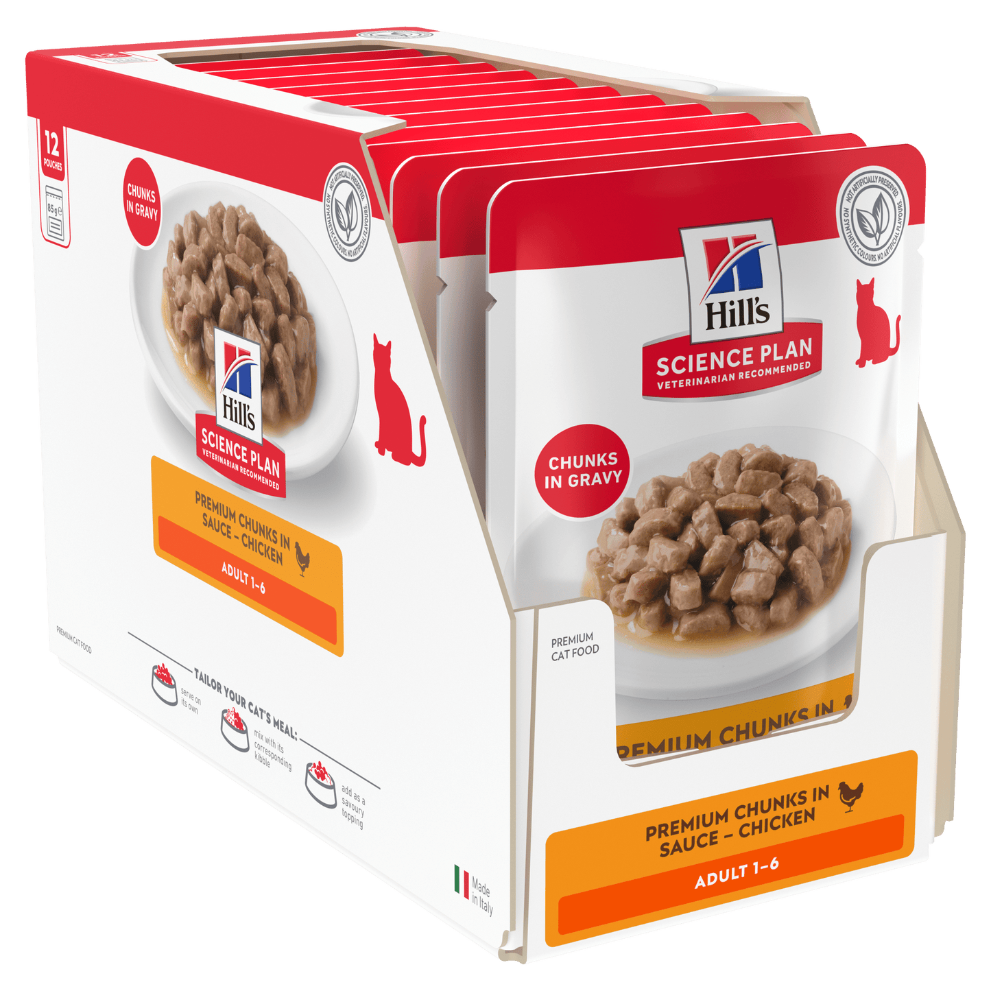 12-pack wet cat food pouches box with chunks in gravy (chicken) shown on sides.