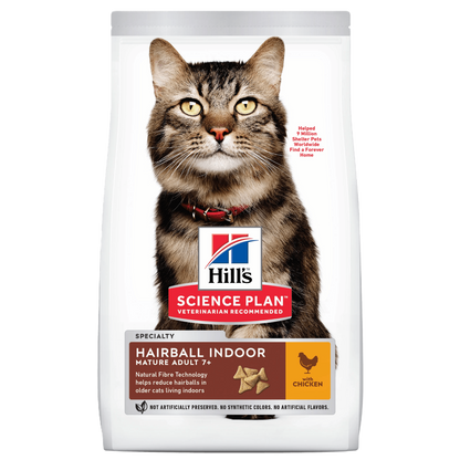 Hill's Science Plan dry cat food bag for Hairball indoor, adult 7+; chicken flavor