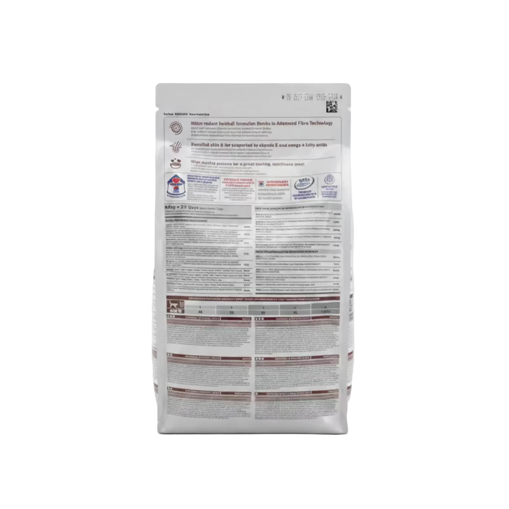 Hill's Science Plan dry cat food bag, nutrition facts and feeding directions on back