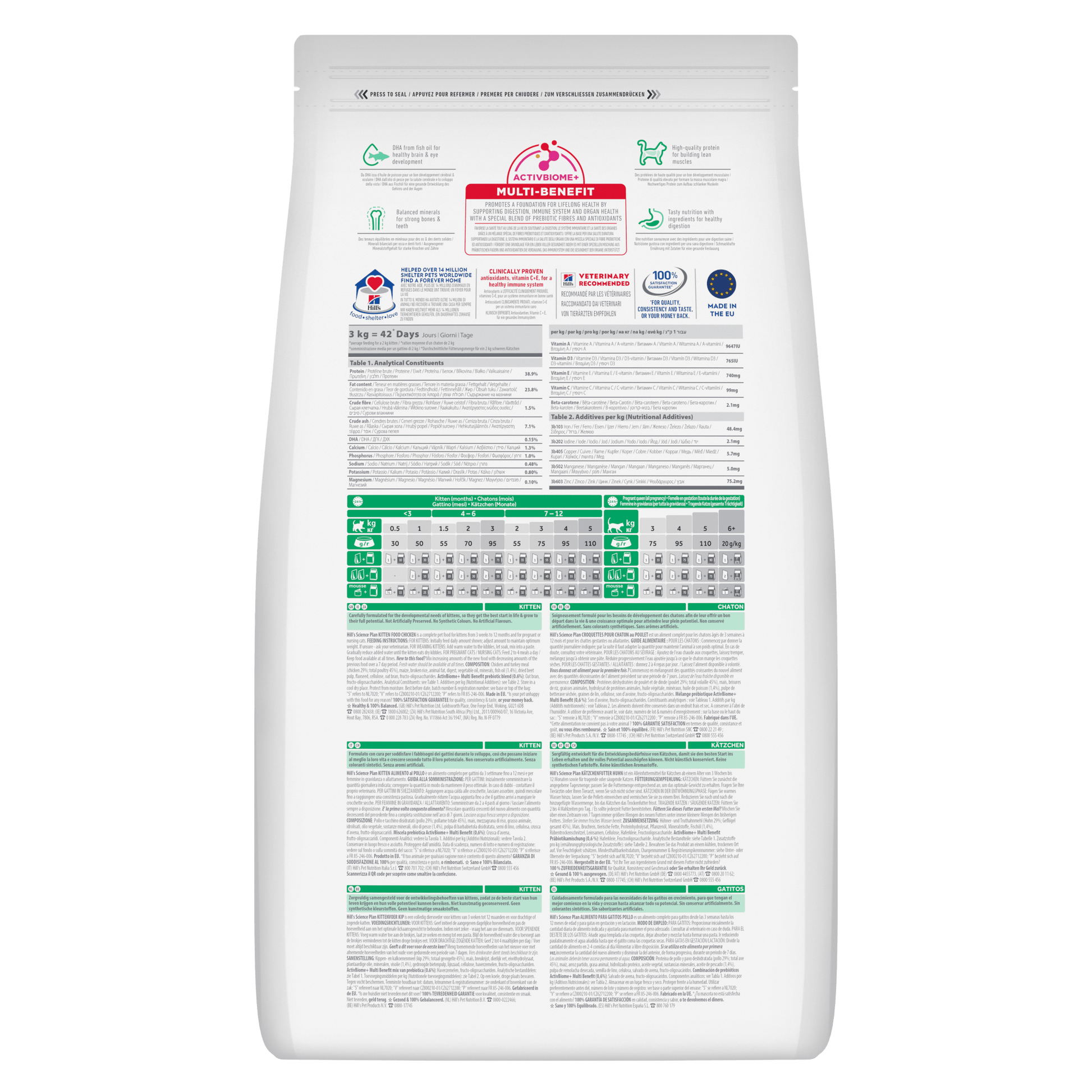 Hill's Science Plan kitten dry cat food, chicken flavor, nutrition facts back