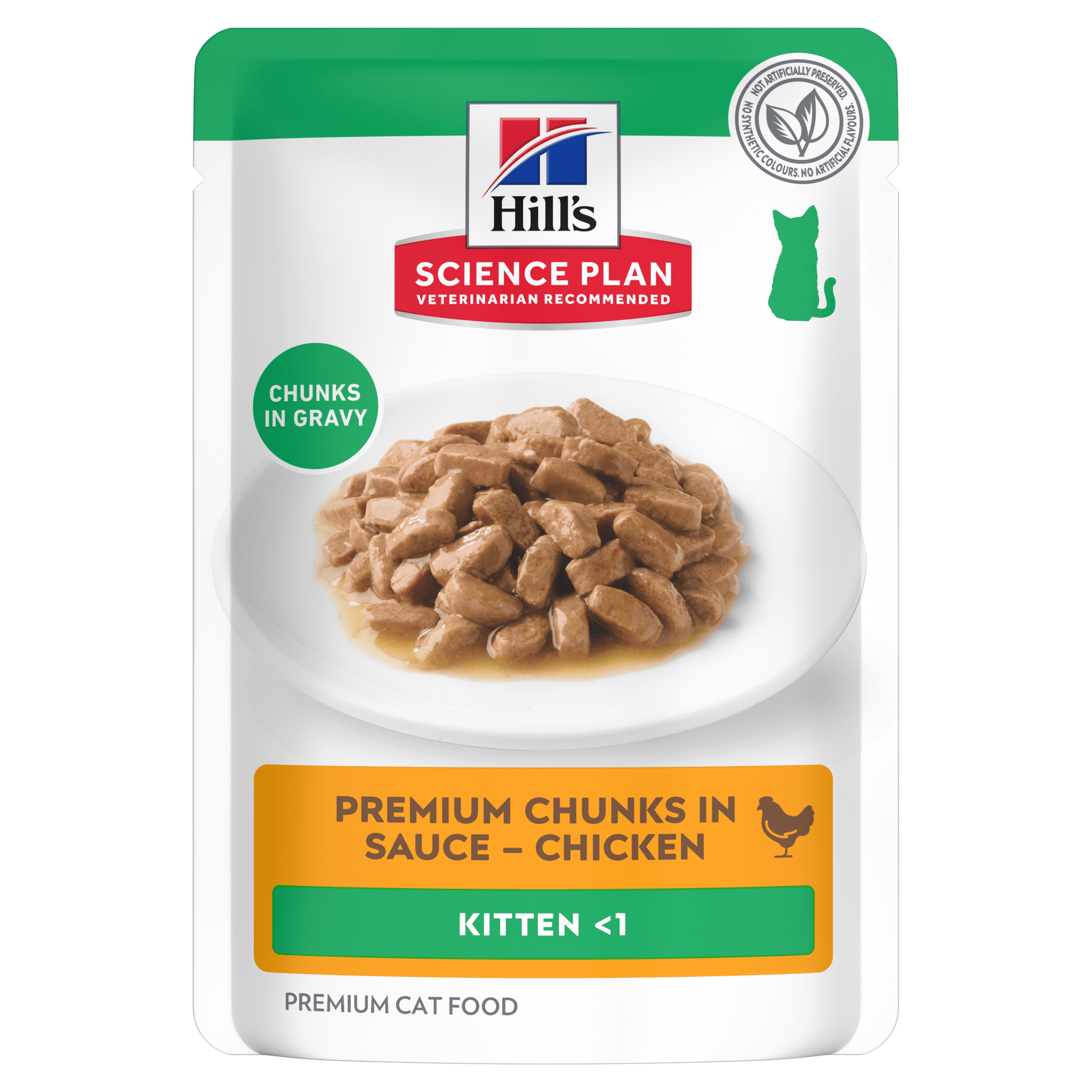 Wet kitten cat food pouch with chicken chunks in gravy, front label