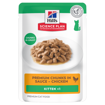 Wet kitten cat food pouch with chicken chunks in gravy, front label
