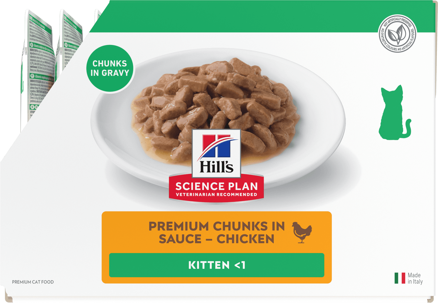 Wet kitten cat food pouch front with chicken chunks in gravy, Hill's Science Plan