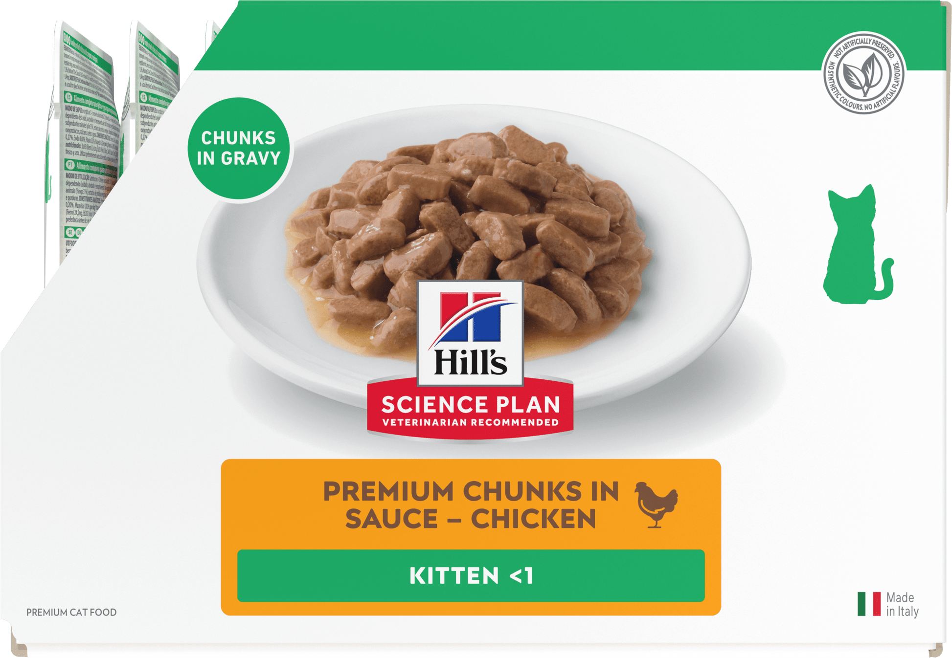Wet kitten cat food pouch front with chicken chunks in gravy, Hill's Science Plan