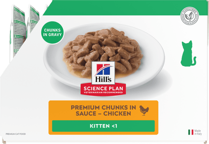 Wet kitten cat food pouch front with chicken chunks in gravy, Hill's Science Plan
