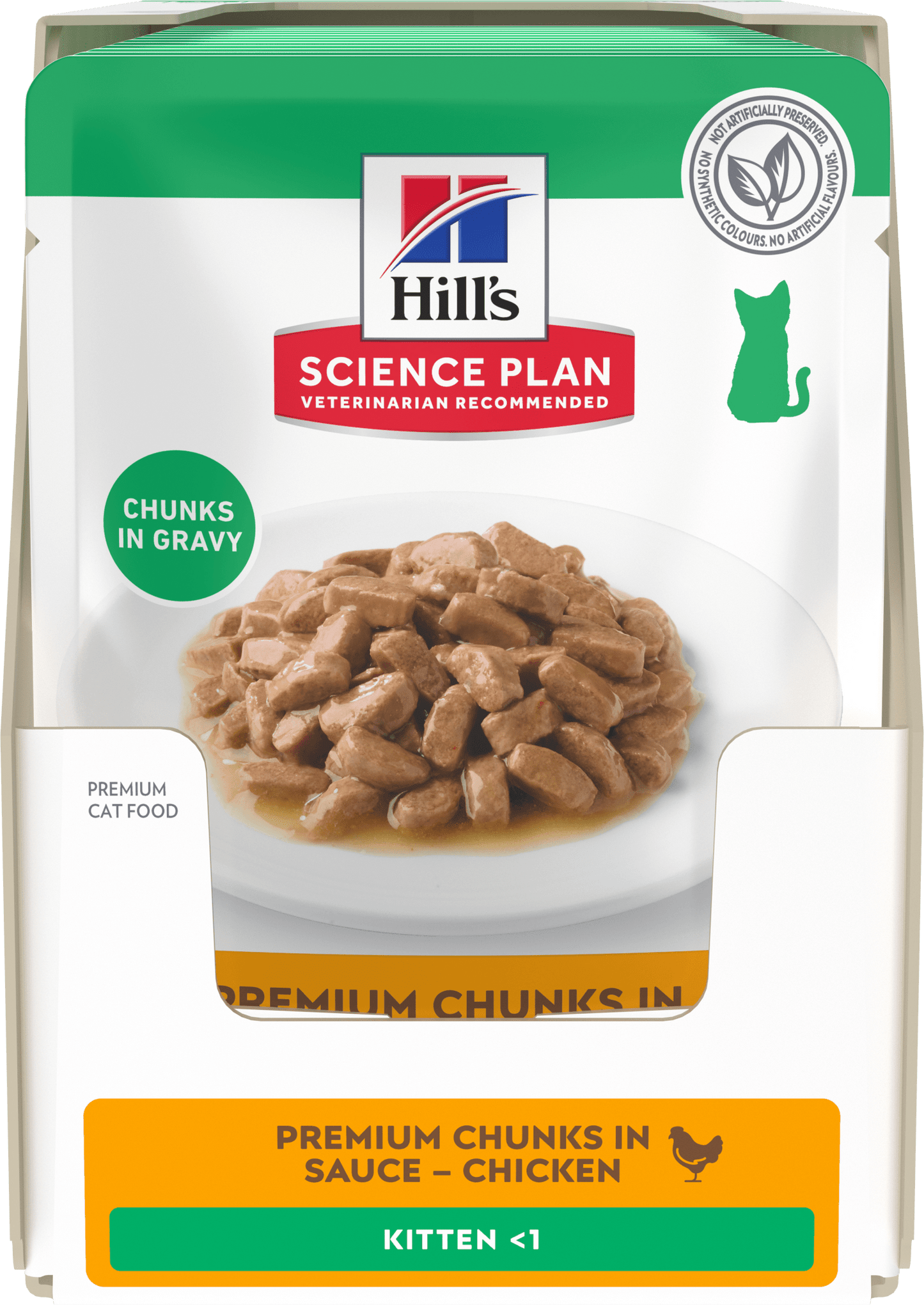 Wet kitten cat food pouch front with chicken chunks in gravy, green top
