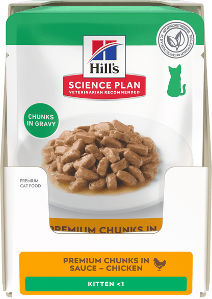 Wet kitten cat food pouch front with chicken chunks in gravy, green top