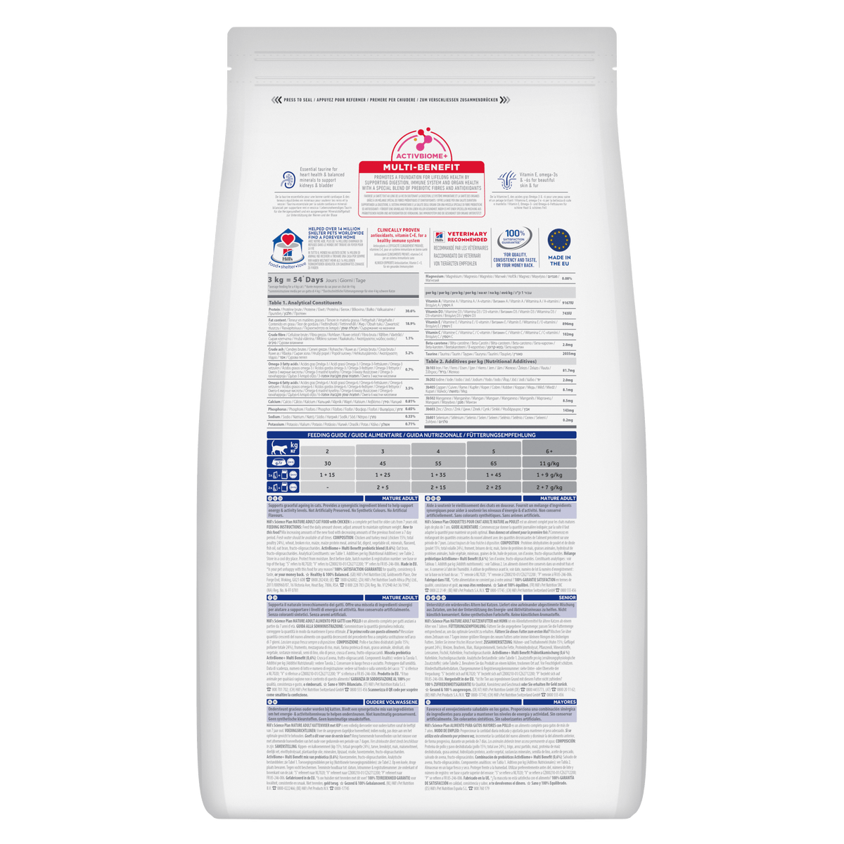 Hill's Science Plan mature adult cat food bag, back label with feeding and nutrition tables