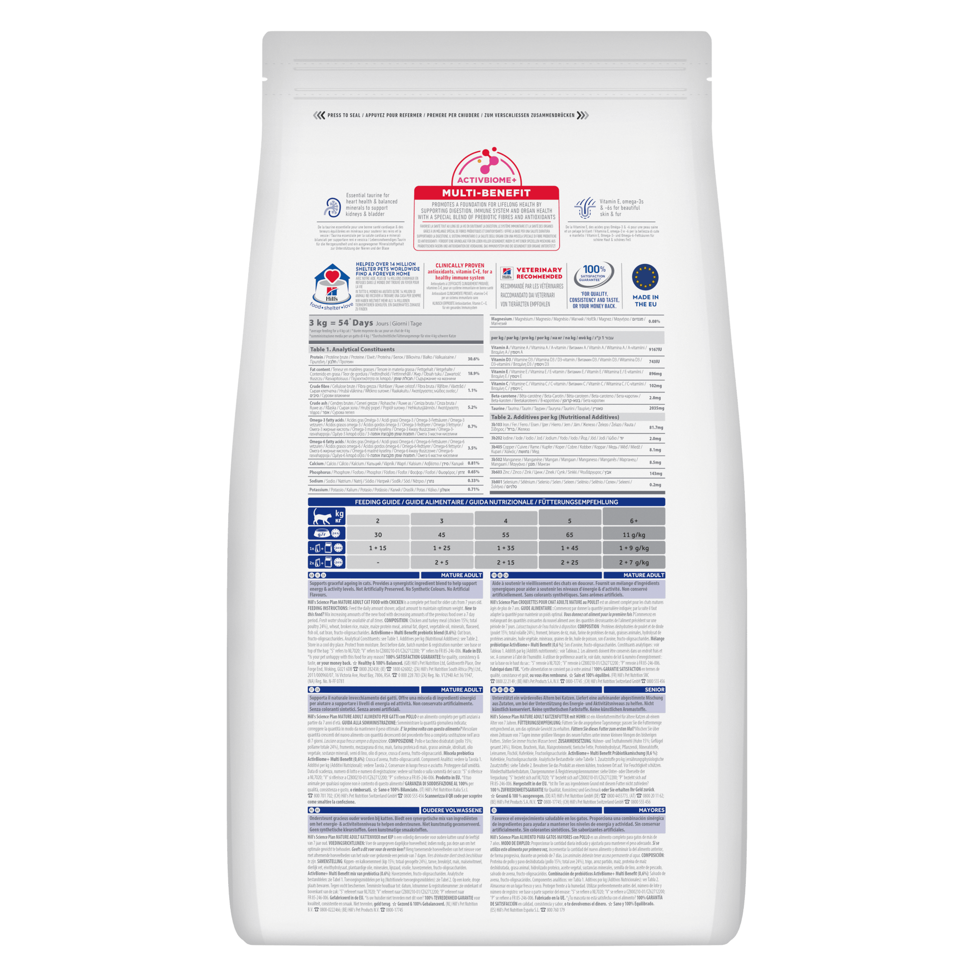 Hill's Science Plan mature adult cat food bag, back label with feeding and nutrition tables