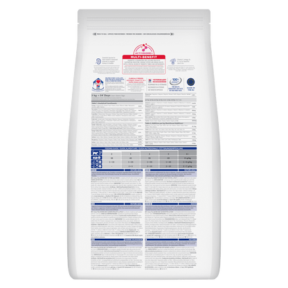 Hill's Science Plan mature adult cat food bag, back label with feeding and nutrition tables