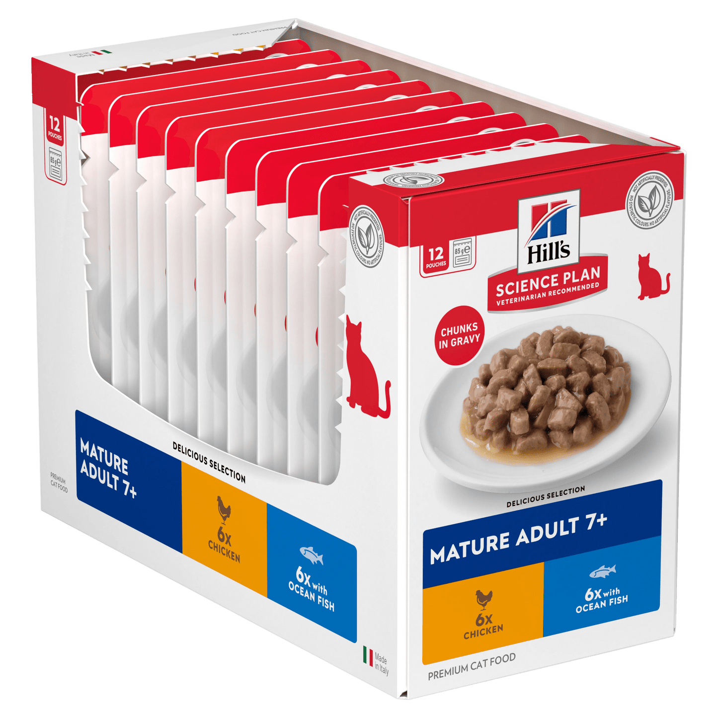 Mature adult cat food multipack box with pouches, chunks in gravy, chicken & ocean fish