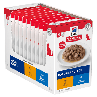 Mature adult cat food multipack box with pouches, chunks in gravy, chicken & ocean fish