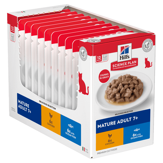 Mature adult cat food multipack box with pouches, chunks in gravy, chicken & ocean fish