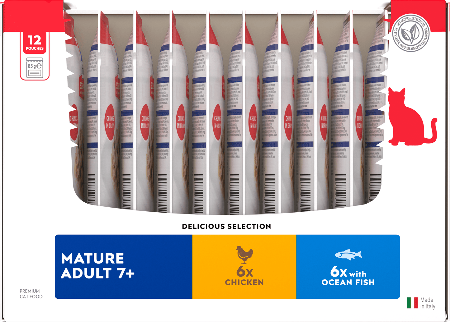 Mature adult cat food pouch multipack, vertical pouch row, chicken & ocean fish
