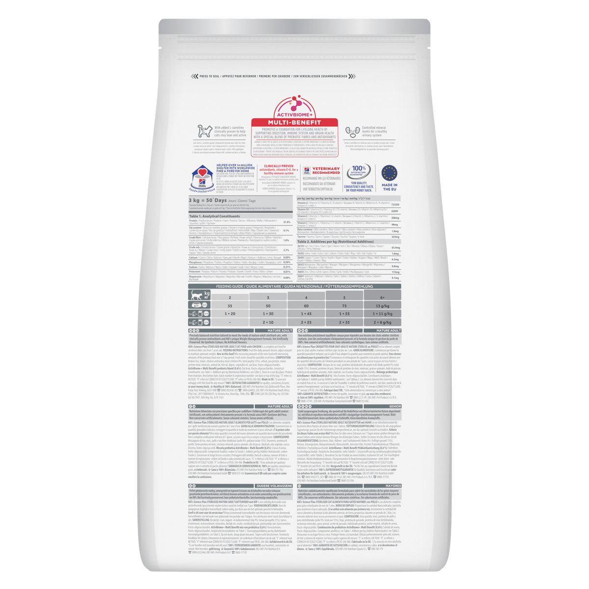 Hill's Science Plan sterilised adult dry cat food back label on pouch