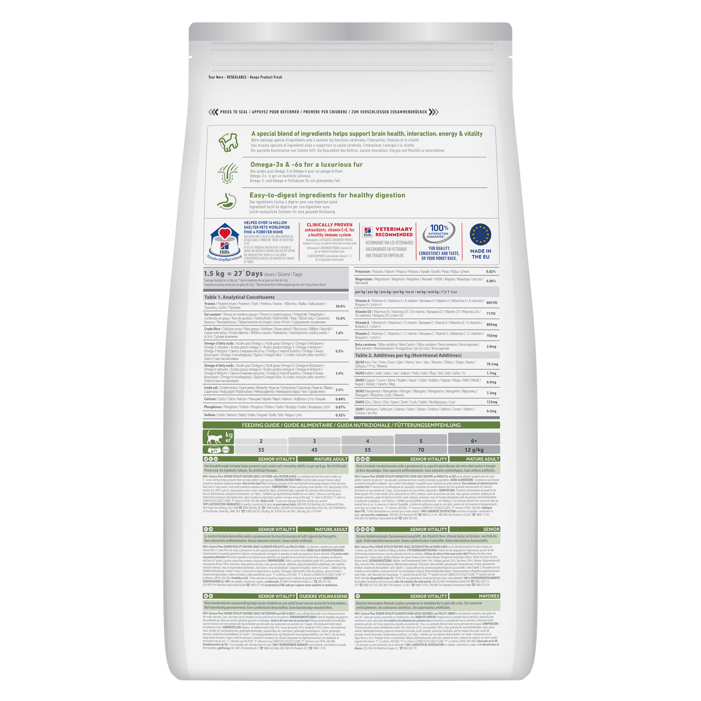 Hill's Science Plan senior vitality dry cat food bag, back nutrition label