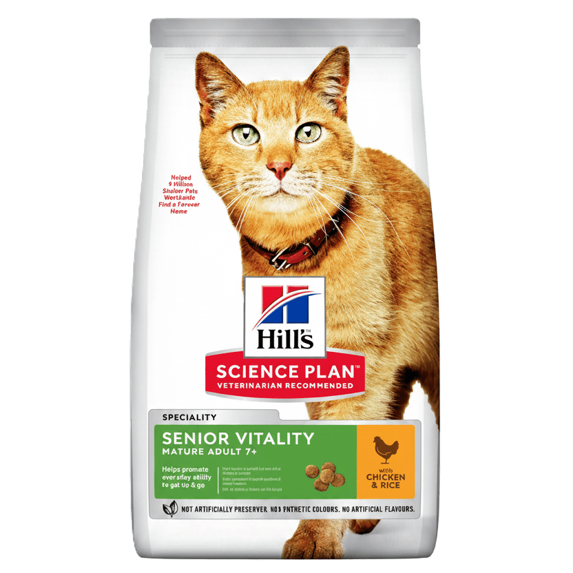 Hill's Science Plan Senior Vitality dry cat food bag, chicken and rice front