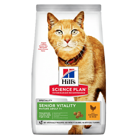 Hill's Science Plan Senior Vitality dry cat food bag, chicken and rice front
