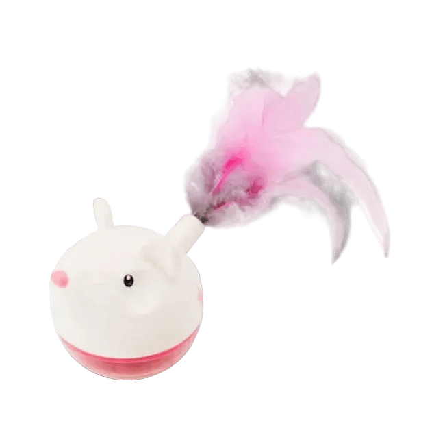 White and pink cat teaser toy with feather attachment