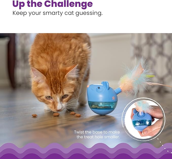 Orange cat and blue treat tumbler toy with feather attachment; twist-base shown