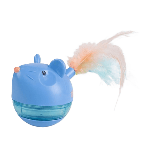 Blue treat tumbler cat toy with feather wand attachment