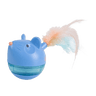 Blue treat tumbler cat toy with feather wand attachment