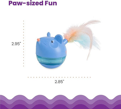 Blue treat tumbler toy with feather attachment; dimensions marked 2.95 in and 2.85 in