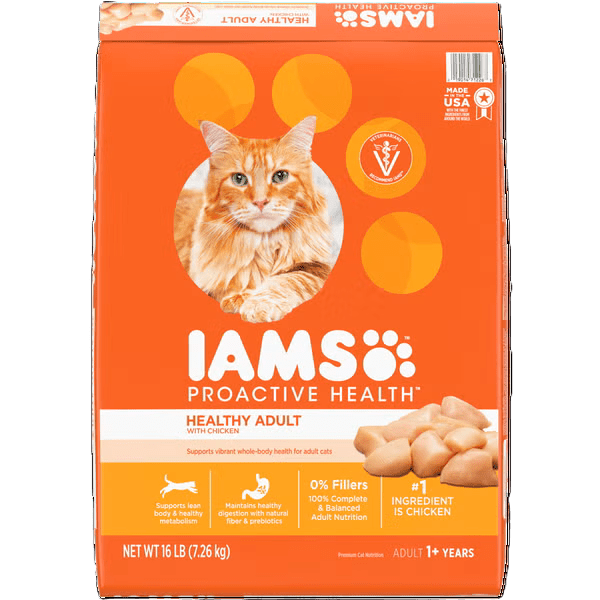 IAMS Proactive Health healthy adult cat food bag, chicken flavor, orange package