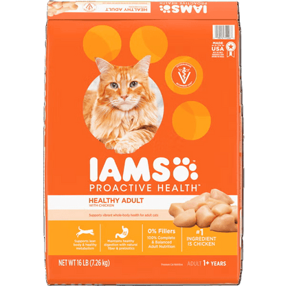 IAMS Proactive Health healthy adult cat food bag, chicken flavor, orange package