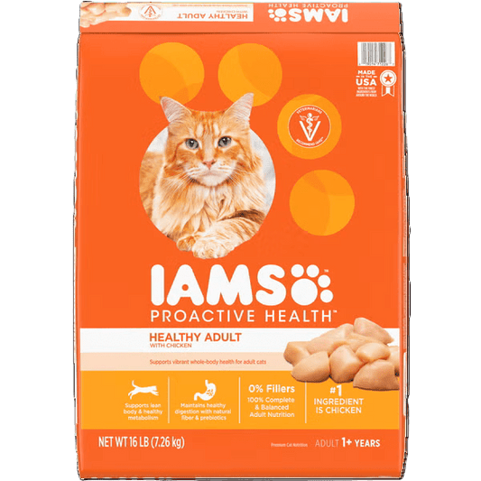 IAMS Proactive Health healthy adult cat food bag, chicken flavor, orange package
