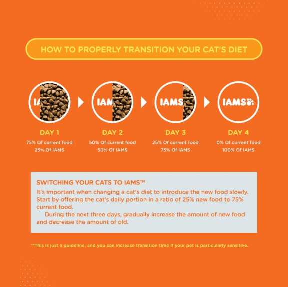 IAMS diet transition schedule for switching cat food over four days