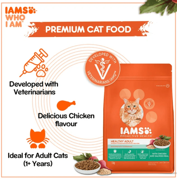 IAMS premium cat food pouch with veterinarians, chicken flavor and adult cats info