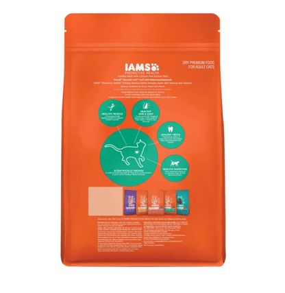 IAMS Proactive Health adult cat food pouch back panel with feeding and health info