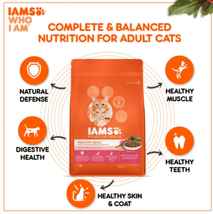 IAMS Proactive Health adult cat food pouch surrounded by balanced nutrition icons