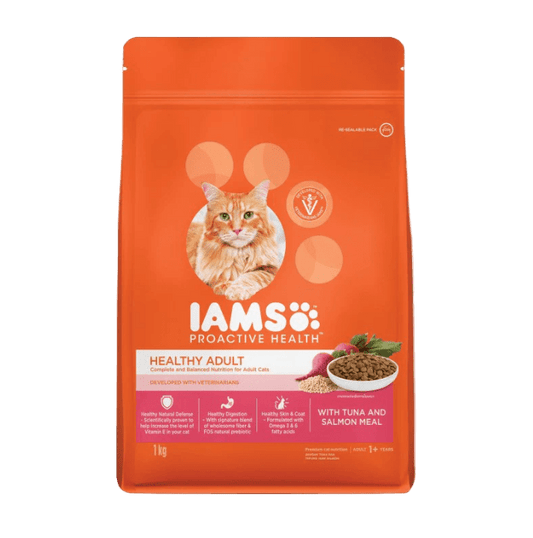 IAMS Proactive Health adult cat food pouch, orange front with cat portrait and tuna salmon