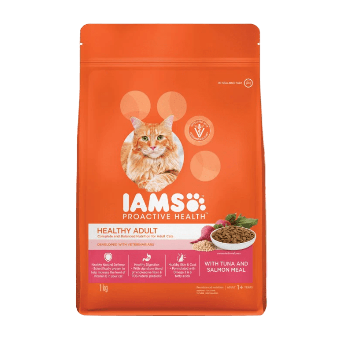 IAMS Proactive Health adult cat food pouch, orange front with cat portrait and tuna salmon