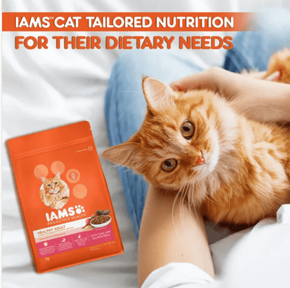 Cat with IAMS Proactive Health adult cat food pouch on a bed, orange package