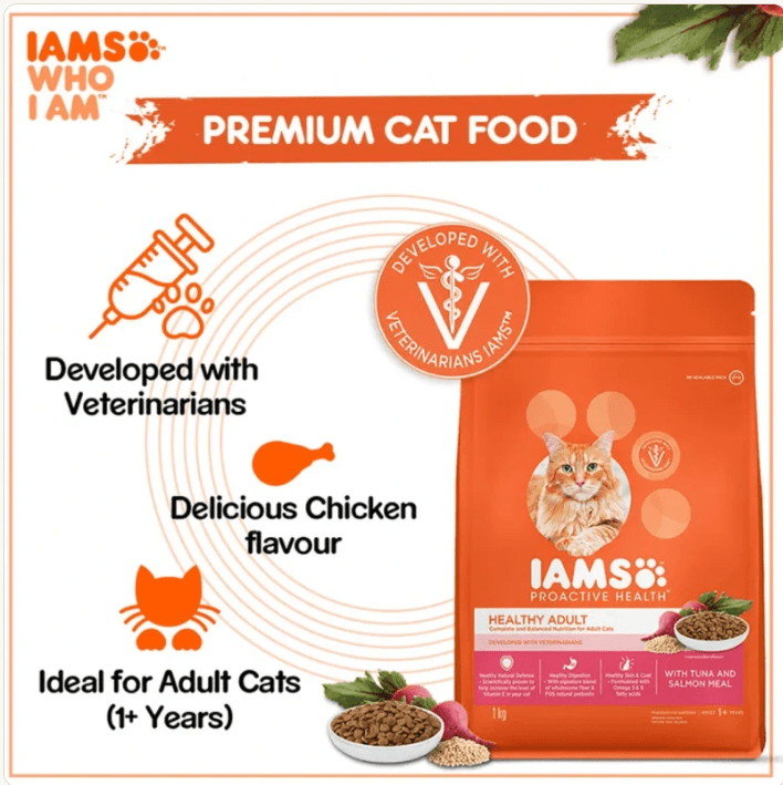 IAMS Proactive Health premium cat food pouch with cat portrait and kibble bowl