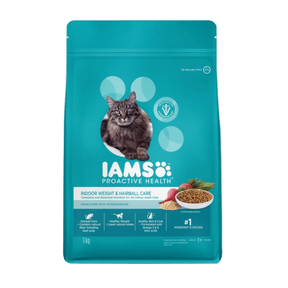 Teal IAMS Proactive Health cat food bag with indoor weight and hairball care label