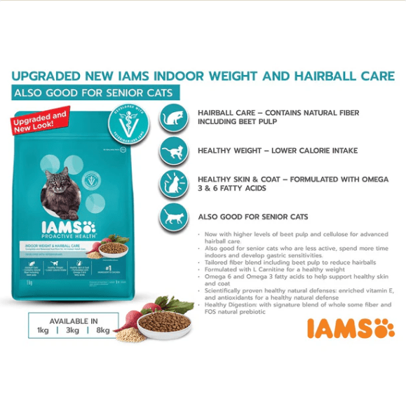 IAMS Proactive Health indoor weight and hairball care cat food bag with benefit icons