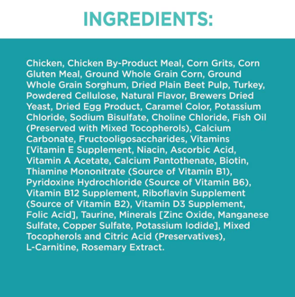 Cat food ingredients list panel titled INGREDIENTS with a teal text section