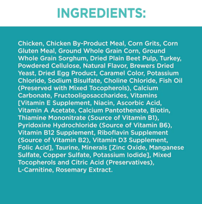 Cat food ingredients list panel titled INGREDIENTS with a teal text section