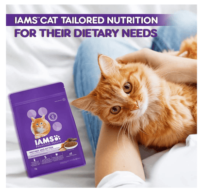 IAMS cat food bag beside an orange kitten; banner reads tailored nutrition.