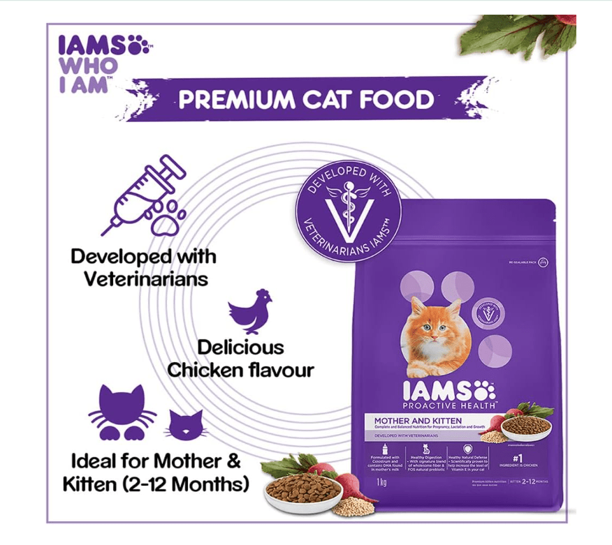 Premium cat food promotional panel with IAMS mother and kitten bag and veterinarian seal.