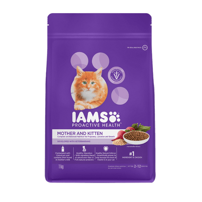 Purple IAMS mother and kitten cat food bag, chicken flavor, 1 kg.