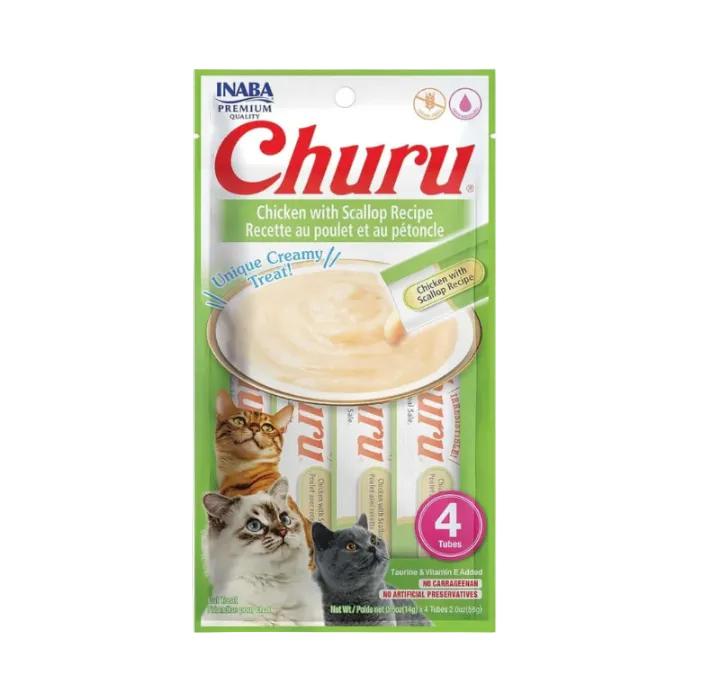 INABA Churu creamy lickable cat treat tubes pack, green chicken with scallop recipe, 4 tubes