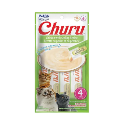 INABA Churu creamy lickable cat treat tubes pack, green chicken with scallop recipe, 4 tubes