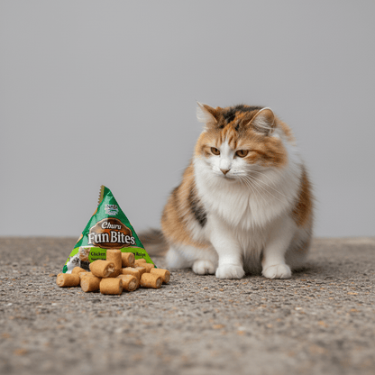 Cat with Inaba Churu Fun Bites cat treat pouch and chicken and tuna bite snacks